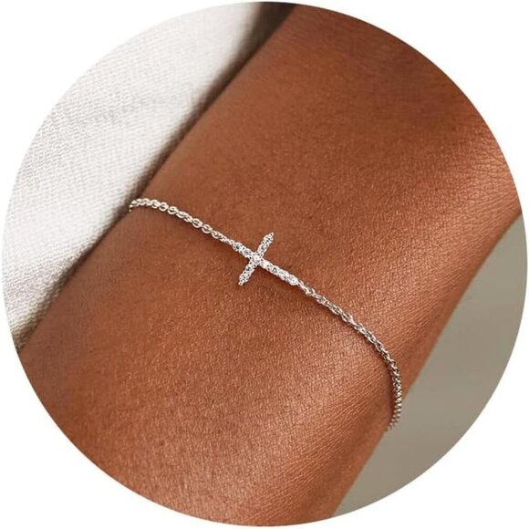 Dainty Cross Bracelet - 925 Sterling Silver/14k Gold Plated Diamond CZ Layered S - Picture 1 of 9